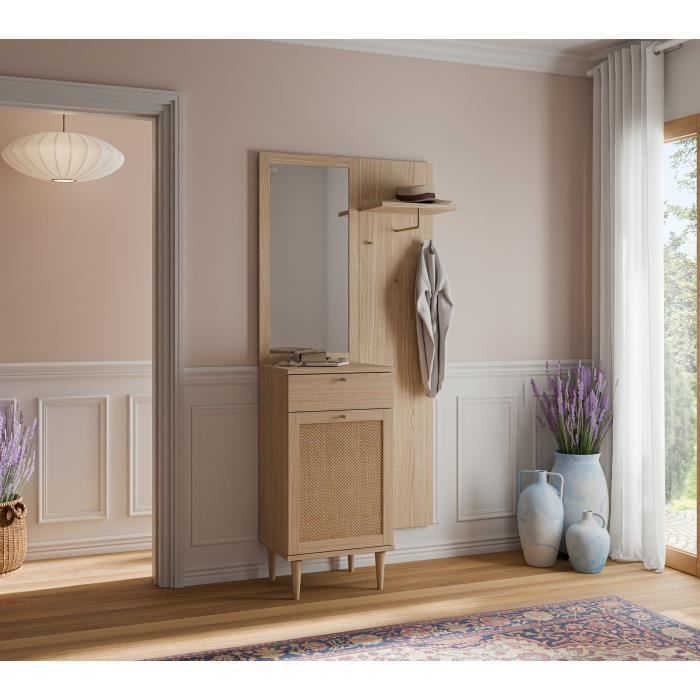 Vestiaire d'entrée avec miroir et rangements - Cannage - L90,4 x P41,4 ...