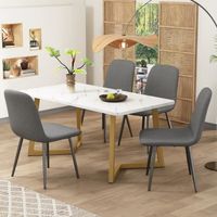 Ensemble Table à manger avec 4 chaises-Chaises de salle à manger en Lin avec dossier-Pieds en métal-Pieds de table dorés-Gris