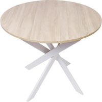 Table à manger ronde, 90x90x77cm, 4 personnes, Couleur chêne, Pieds métalliques blanc laqué mat, RF1144