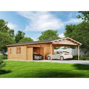 GARAGE Garage double avec carport en bois massif ALPHOLZ Falun-70 ISO 6x11m naturel 70mm 64m²
