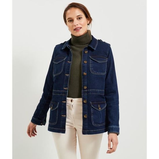 Veste saharienne denim femme GRAIN DE MALICE Coupe droite 4 poches plaquees Bleu jean Cdiscount Pret a Porter