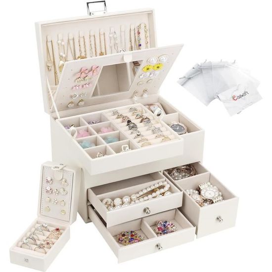 Boîte à Bijoux 3 Niveaux En Cuir Imperméable Beige – Écrin Élégant Pour Colliers, Bagues, Boucles D’Oreilles Et Bracelets