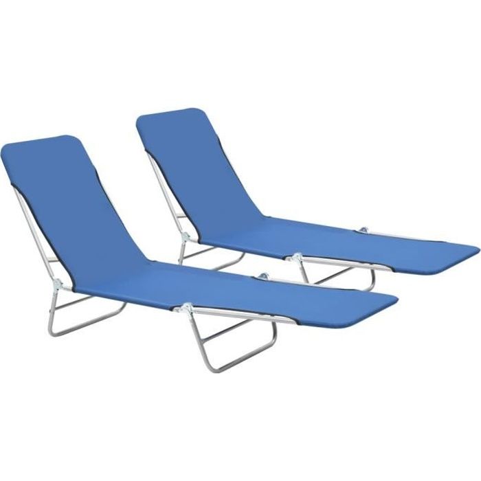 2 Chaises longues pliables-Transat Jardin pliant extérieur Camping Acier et tissu Bleu