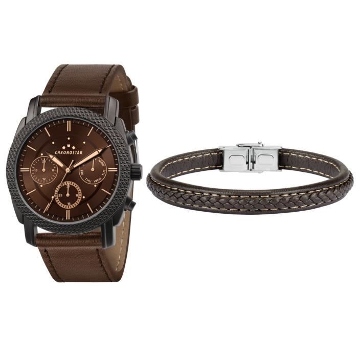 Coffret CHRONOSTAR FORCE Montre Homme en Cuir Marron et Bracelet