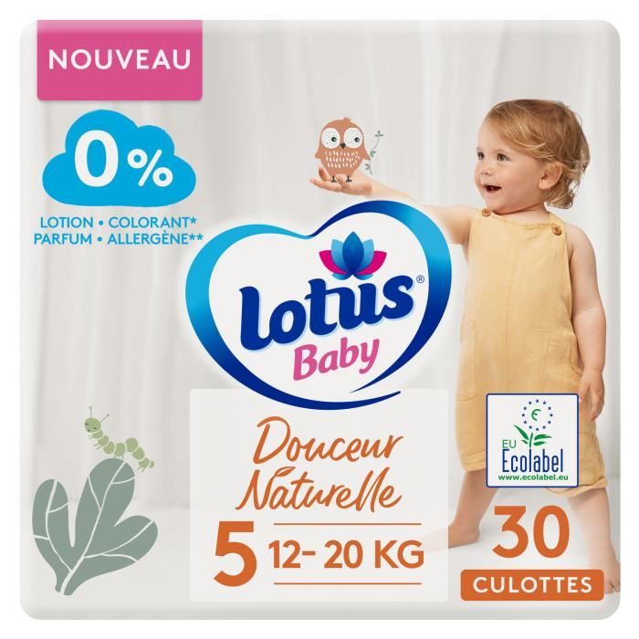 LOT DE 3 - LOTUS BABY Couches culottes bébé taille 5 : 12 - 20kg douceur naturelle - paquet de 30 couches