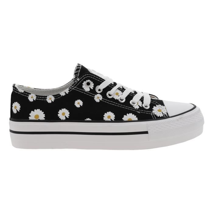 Baskets basses femme Les Petites Bombes Davia en toile noire à motifs marguerites