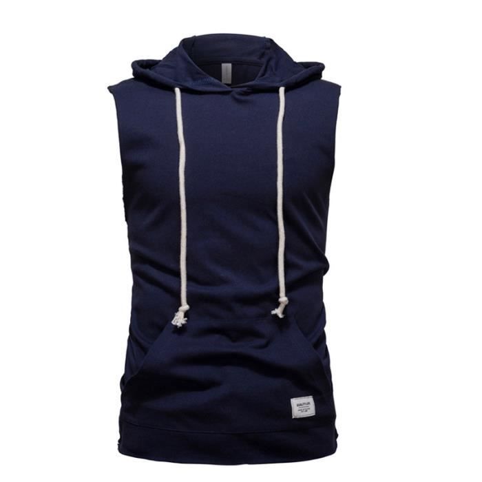 DéBardeur Homme,DéBardeur en Coton Homme De Sport Fitness,Poche Kangourou DéBardeur Capuche à Cordon de Serrage Homme-Bleu Foncé