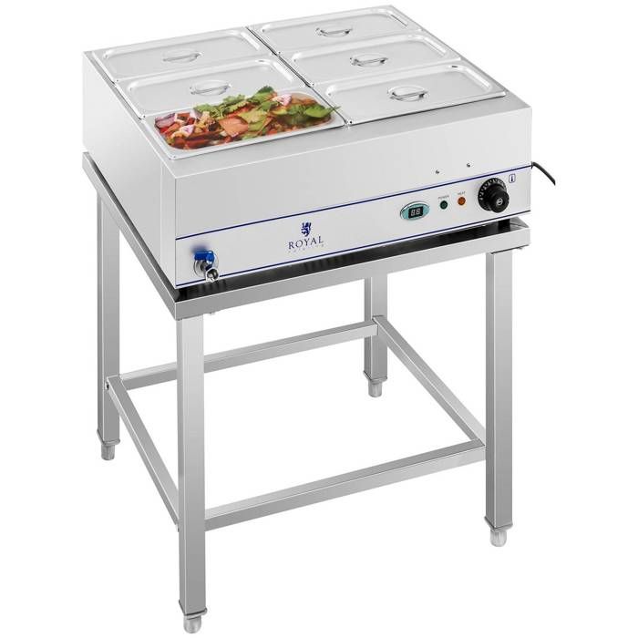 Bain Marie chauffant Chauffe-plat 6 bacs GN 1/3 Royal Catering RCBM-6WS-2000 (2000W table et robinet de vidange écran LCD)