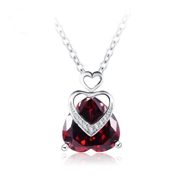 Collier Pendentif Coeur Cristal Swarovski* Rouge Plaqué Or Blanc 750