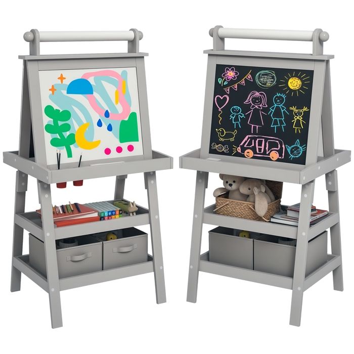 Tableau chevalet enfant AIYAPLAY 3 en 1 tableau blanc magnétique tableau à craie rouleau papier 2 paniers intégrés - 3-6 ans gris