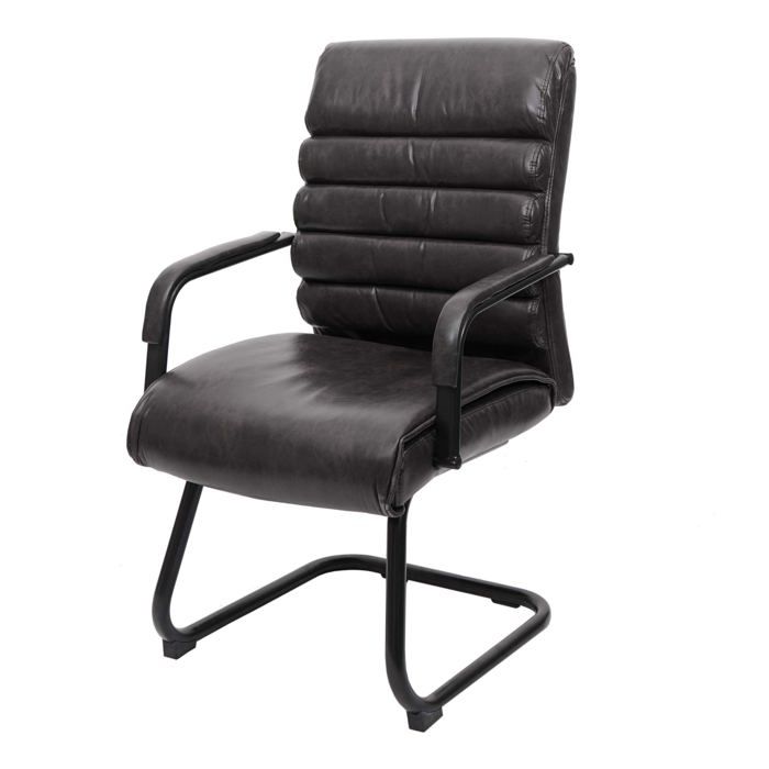 Fauteuil de bureau sans roulettes chaise de conference vintage aspect daim PVC noir et metal 04_0006245