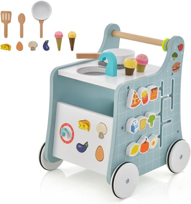 DREAMADE Trotteur Bébé Chariot de Marche en Bois avec Thème de Cuisine Marcheur DApprentissage Bébé avec Tableau & Horloge