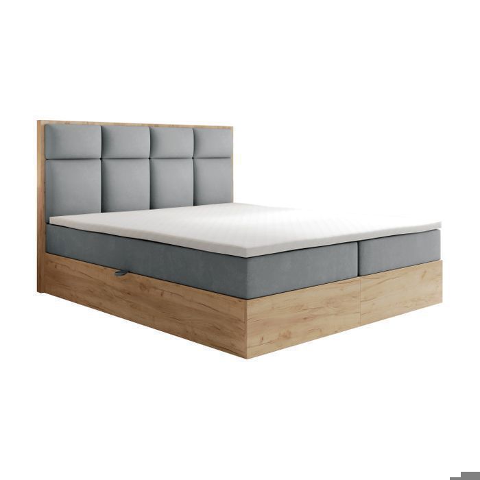 Lit adulte 180x200 cm SELVA rangement matelas ressorts ensachés et surmatelas en velours gris
