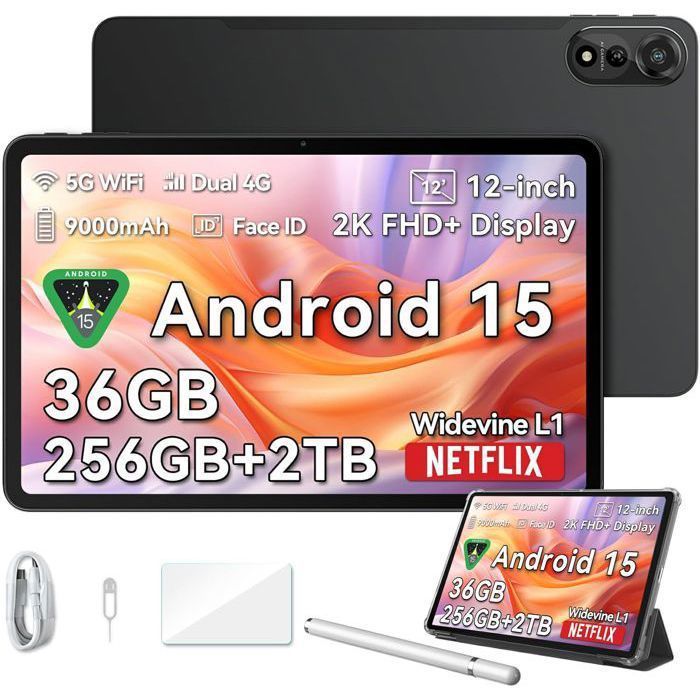 Blackview MEGA2 Tablette Tactile 11.97 Android 15 2.4G+5G Wifi RAM 36 Go ROM 256 Go/SD 2 To 9000mAh Tablette PC Dual Sim – Gris