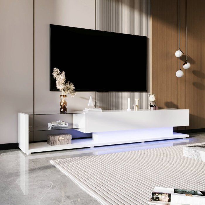 Meuble TV - LANGTU - Meuble TV moderne brillant LED - 170x36x38 cm - 2 tiroirs - 2 étagères en verre