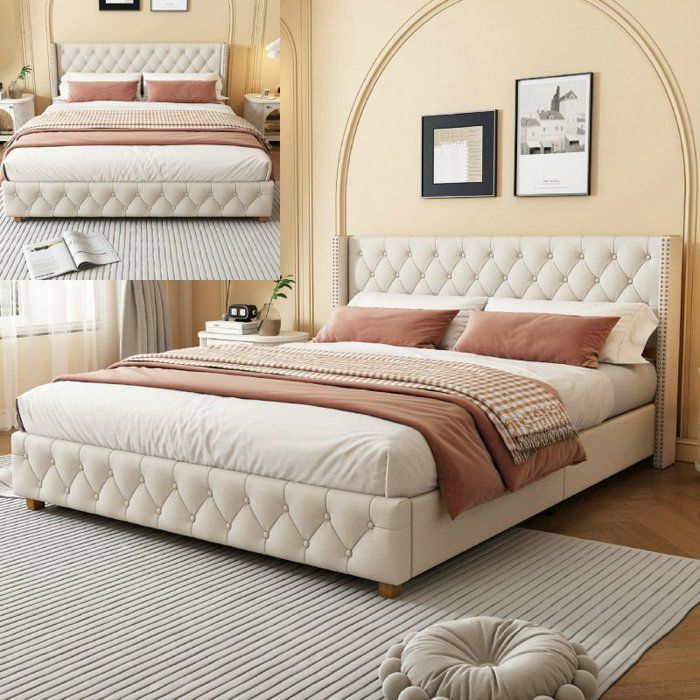 Lit 140x190 cm - LANGTU - Lit capitonné - Tissu lin beige - Sommier à lattes - Capitonnage boutons