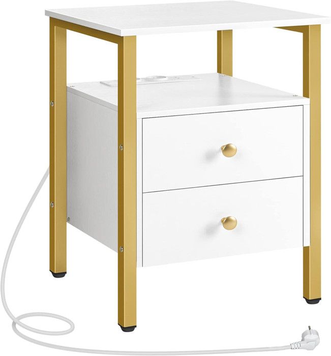 Table de Chevet - VIVOLILV - Blanc et Or - 2 Tiroirs - Avec Prise et Port USB - 40X40X61cm - Style Contemporain