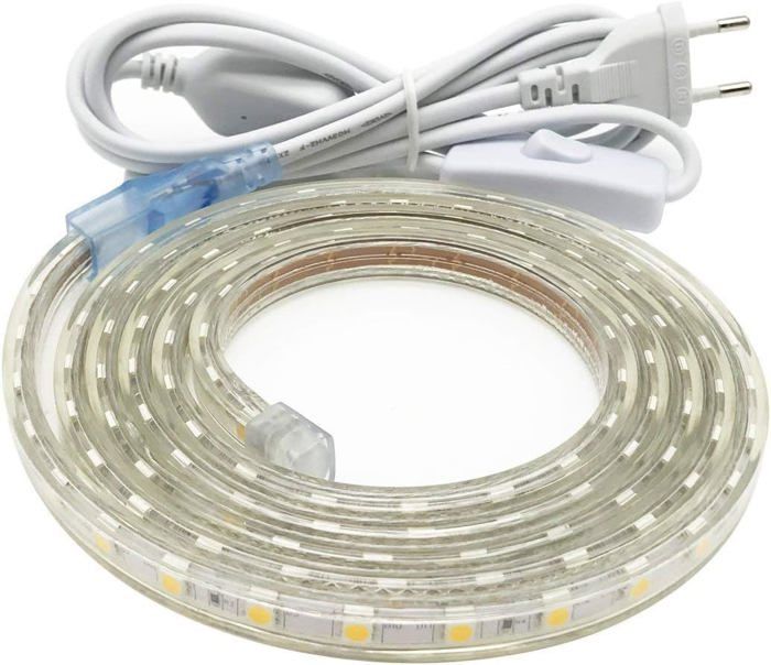 Ruban Led 3M Très Lumineux Bandeau Led 220v avec Interrupteur 5050 IP65 Etanche Blanc Chaud