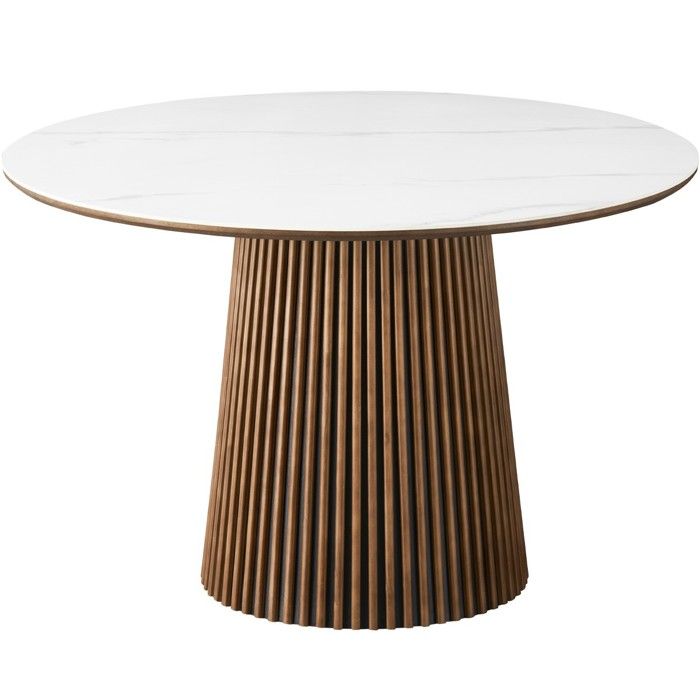 Table à manger ronde en céramique effet marbre et bois foncé 6 places Ø120 cm - Ada