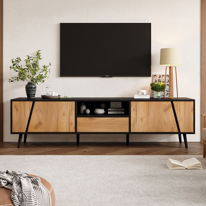 Meuble TV bas minimaliste 2 armoires + tiroirs pour TV 75 pouces 180x40x46 cm Meuble TV bas minimaliste 2 armoires + tiroirs pour TV 75 pouces 180x40x46 cm