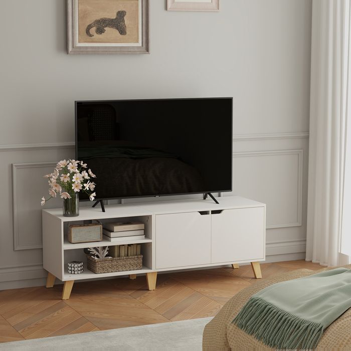 Meuble TV - Blanc Neige - 140 cm - 2 Portes - Étagères Réglables - Pour TV 60 Pouces
