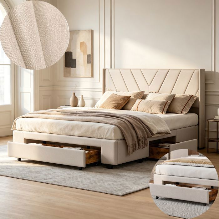 Lit 160x200 cm - DRELYGWEA - Cadre de lit double - Tissu en lin - Beige - 300 kg de charge