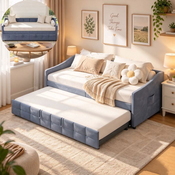 Lit gigogne 90x200 cm Banquette-lit gigogne 2x90x200 avec sommier à latte tissu en velours gris Lit gigogne 90x200 cm Banquette-lit gigogne 2x90x200 avec sommier à latte tissu en velours gris