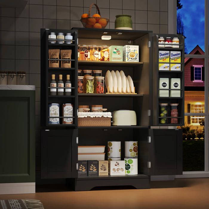 Buffet Haut Cuisine120×60×40 cm - Armoire de Cuisine Noir 4 Portes avec LED Capteur Étagères Réglables & Rangement de Porte Buffet Haut Cuisine120×60×40 cm - Armoire de Cuisine Noir 4 Portes avec LED Capteur Étagères Réglables & Rangement de Porte