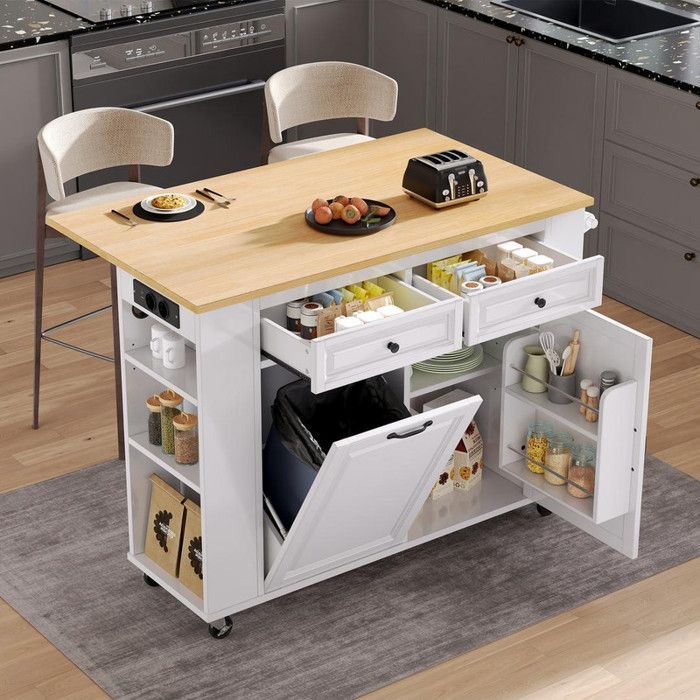 Îlot de cuisine avec roulettes table à manger extensible Ilot central avec compartiment poubelle et porte-serviettes