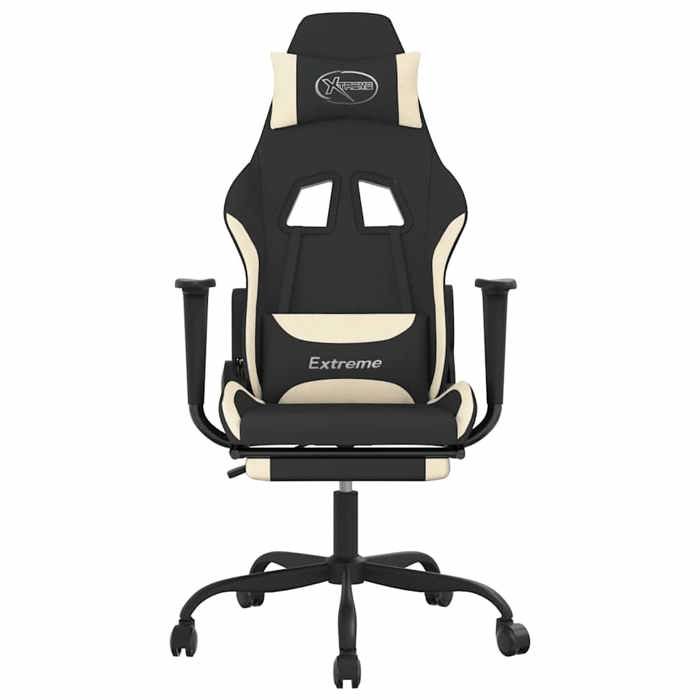 Chaise gaming massante - VIDAXL - Design ergonomique - Repose-pied - Noir et crème - Tissu polyester
