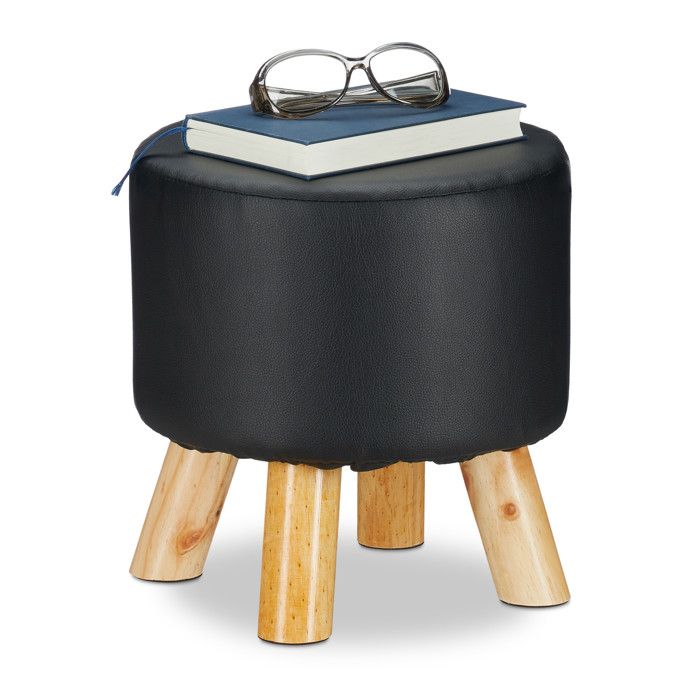 Relaxdays Tabouret simili cuir rembourré 4 pieds en bois pouf bas décoratif rond H x P : 30 x 30 cm noir