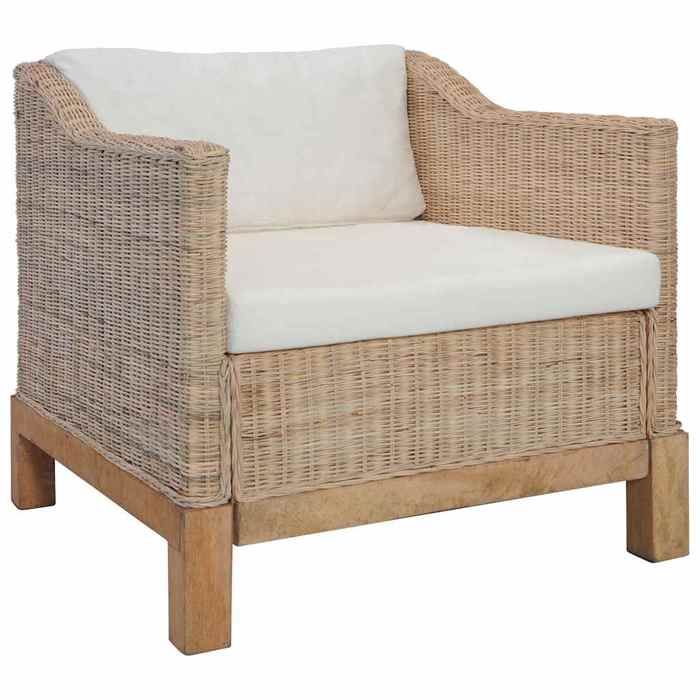 Fauteuil en rotin naturel - JILL - 72x78x71 cm - Naturel - Coussins Blanc crème - Rotin et bois de manguier