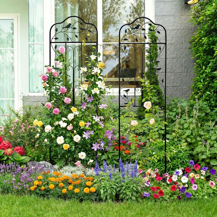 Treillis Jardin Métal Lot de 2 - RELAX4LIFE - Étagère Pliable - Dispositif Anti-basculement - Support pour Plante Grimpante - Noir