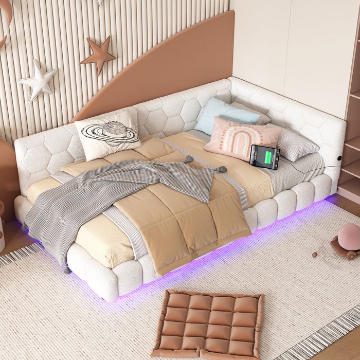 Lit banquette 90×200 cm avec LED sommier à lattes rembourré USB+Type-C imitation laine sans matelas blanc