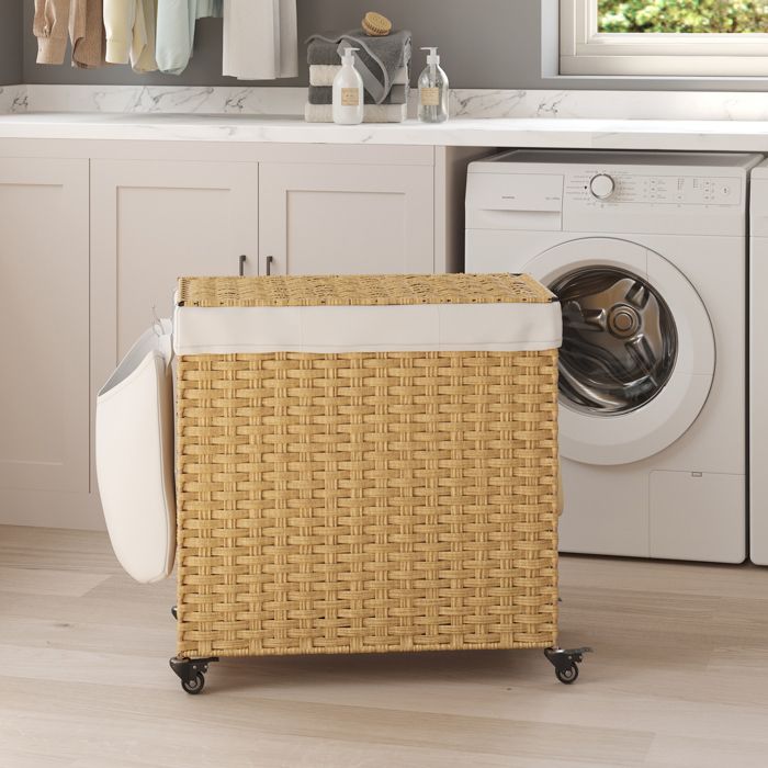 Panier à Linge avec Couvercle 140 L avec Roulettes 3 Compartiments pour Chambre 66 × 33 × 66 cm Couleur Naturelle