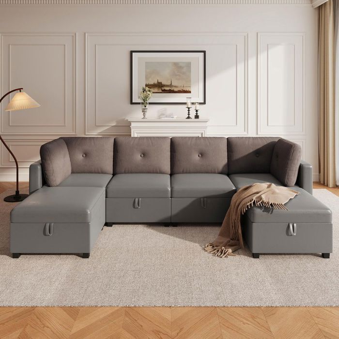 Canapé modulaire - U 6 modules - Transformable 3-en-1 - Velours contrasté gris antique - Rangement intégré