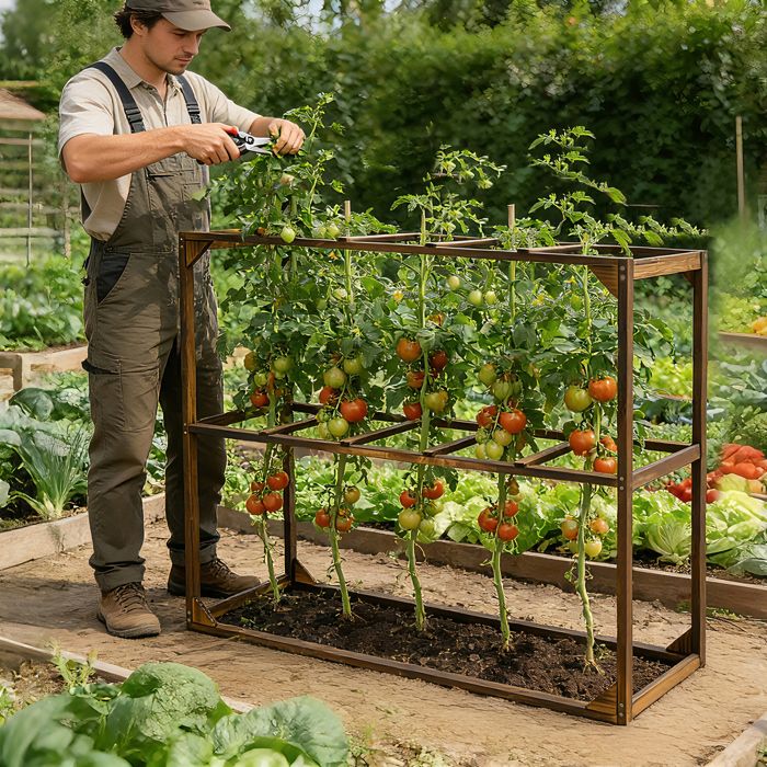 Treillis en Bois de Pin pour Tomates - 5 Emplacements pour Plantes Grimpantes Couche Réglable avec Piquets pour Jardin ou Potager