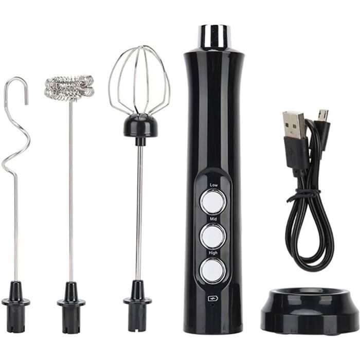 Mousseur à Lait Électrique 3 Vitesses Réglable Batteur à Œufs USB Rechargeable avec 3 Fouet Tête Agitation Mini Acier Inoxydable