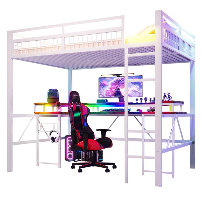 HAVRYA Lit Mezzanine 140x200 cm - Lit Ado avec Bureau Intégré Éclairage LED Panneau Perforé 2 Prises et Ports USB/Type-C - Blanc