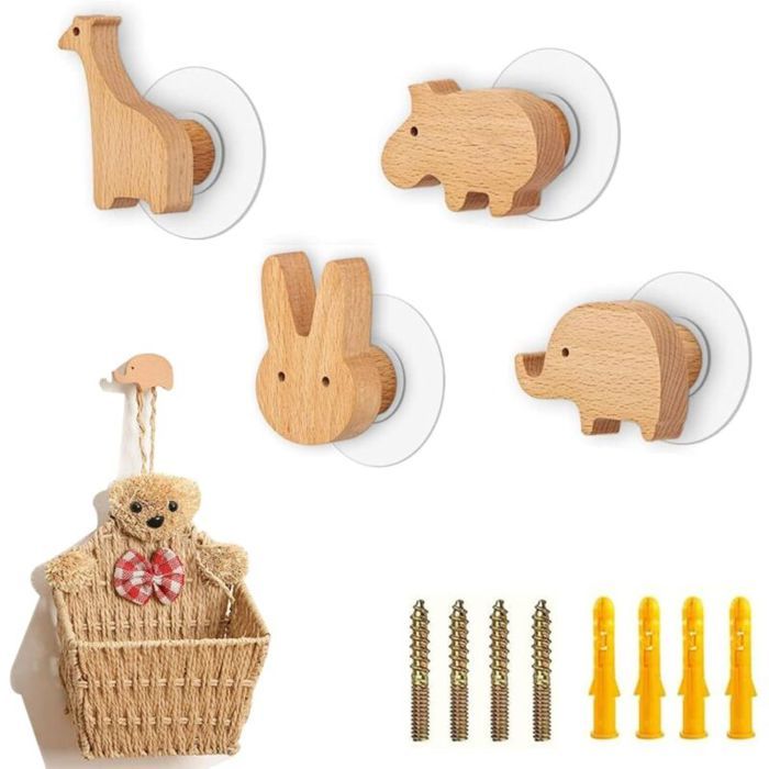 Crochets Muraux Décoratifs en Bois 4 Pièces Animaux Nordiques Crochets Multifonctions pour Vêtements