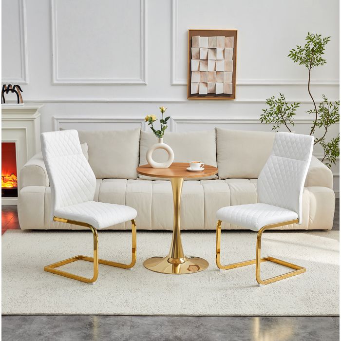 Ensemble table ronde et 2 chaises blanc doré effet bois 60 x 60 x 72 cm MDF et PU motif losange