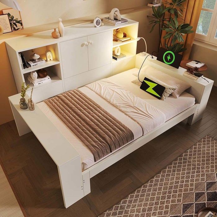 Lit double - YEHTOKHOME - 180 x 200 escamotable - Sommier à lattes - Ports USB/USB‑C & lampe 360° - Bois blanc