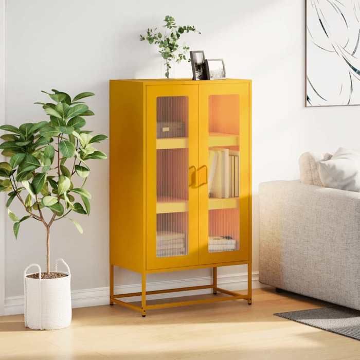 (16032)Meuble rangement - Buffet haut - contemporain - jaune moutarde 68x39x123 cm acier poid:27.72 kg