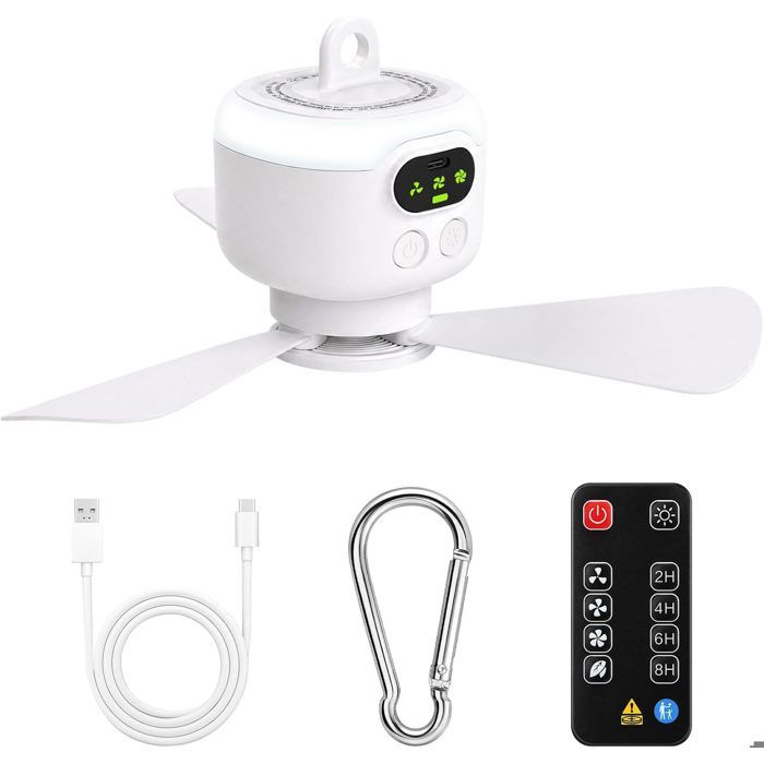 Ventilateur Camping Rechargeable 8000mAh Petit Ventilateur Plafond Tente avec Télécommande 3 Vitesses Minuterie Silencieux
