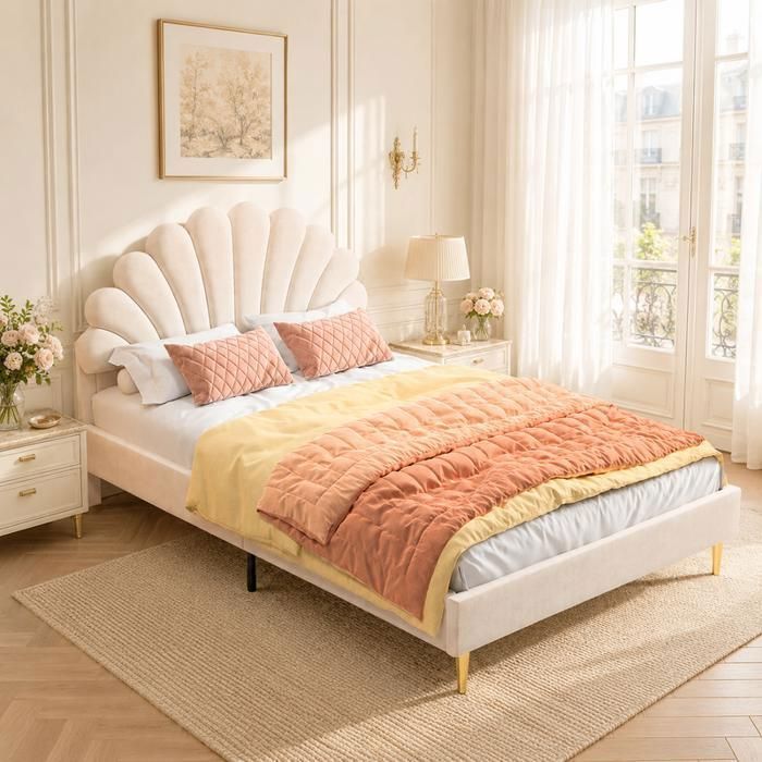 Lit double adulte 140 x 200 avec tête de lit réglable - Velour Beige - Pieds métal - Scandinave moderne