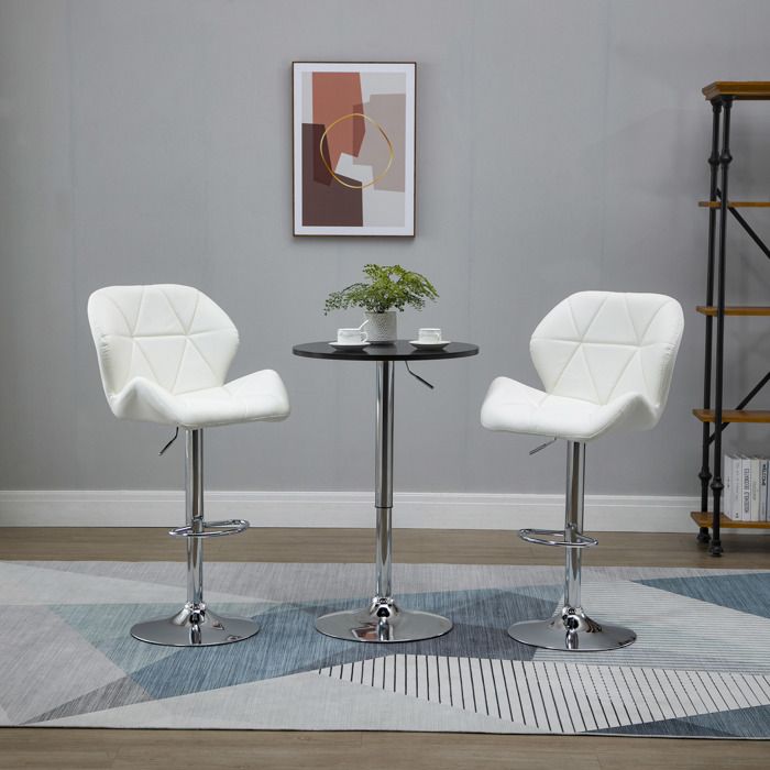 Tabouret de bar réglable en hauteur avec dossier et repose-pieds en métal et siège en cuir PU blanc 51.5x57.5x93-114.5cm