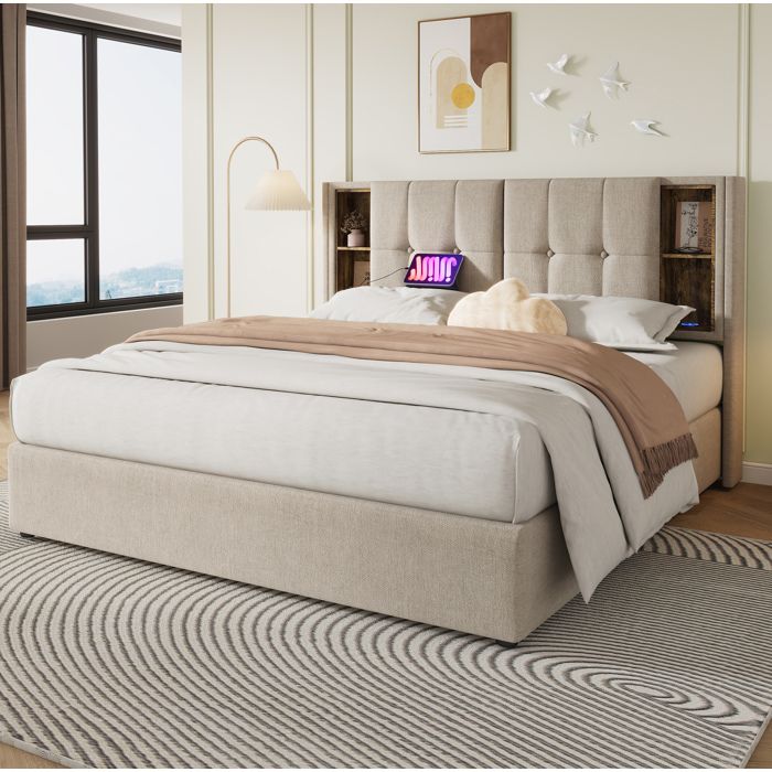 Lit double coffre 160 x 200 cm en lin naturel tête de lit avec rangement recharge sans fil USB et USB-C