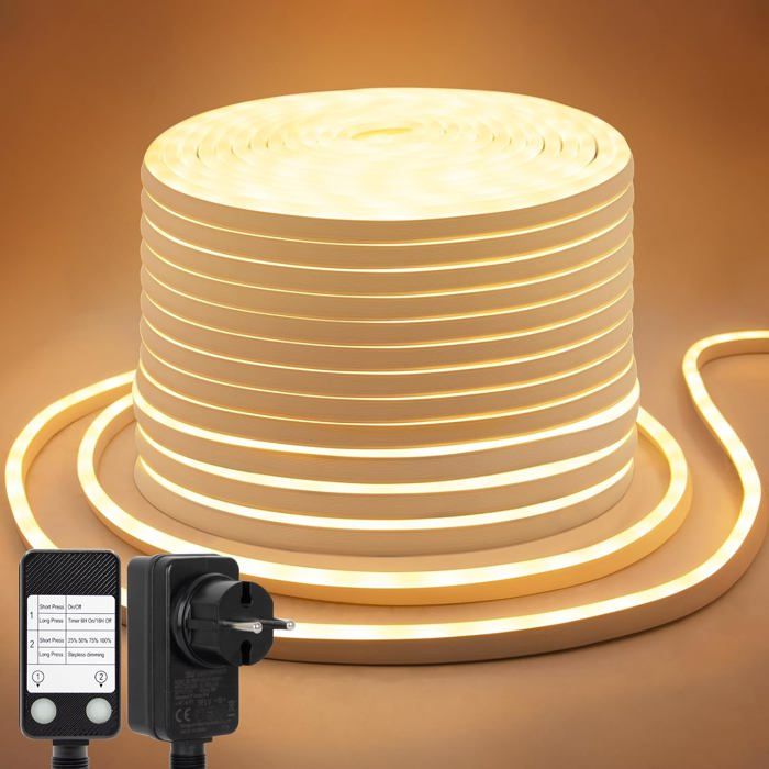 20M Ruban Led Flexible Néon Bande 2400 Leds Blanc Chaud Neon Strip Lights Outdoor Ip67 Silicone Avec Minuterie Et Variateur [CA117]