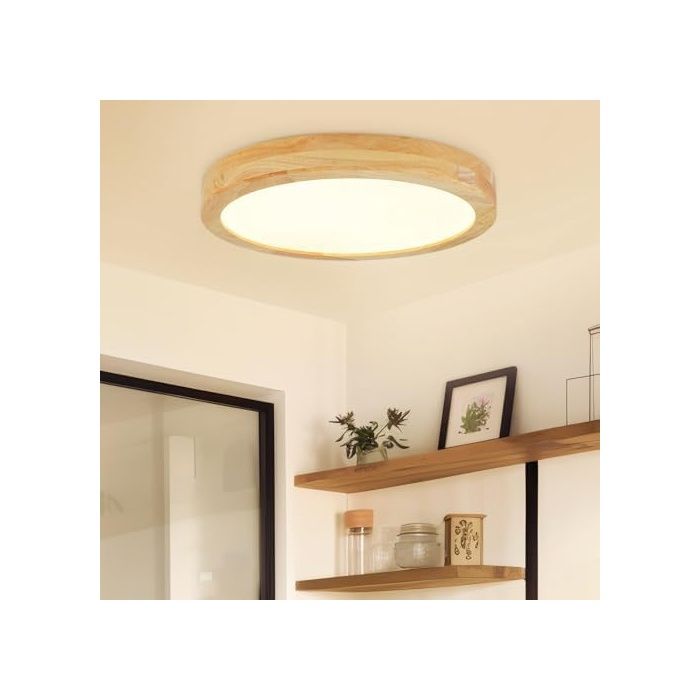 LED Plafonnier Bois 3000K Luminaire plafonnier Blanc Chaud 24W 3100Lm Plafonnier rond plat nordique Diamètre Bois 3000K 3 AMPOULE