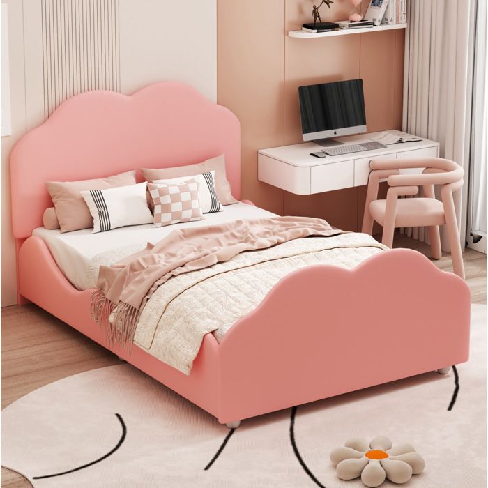 WOVREO lit enfant rembourré 90 x 200 cm forme nuage velours rose avec côtés de sécurité